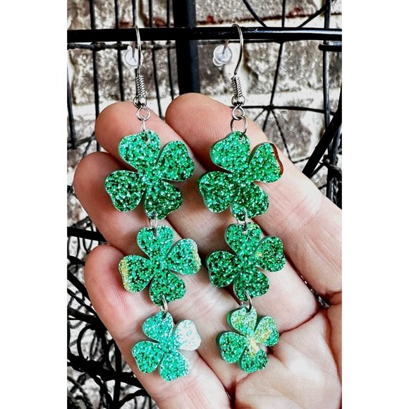 Four Leaf Clover Earrings Green Dangle Hooks New Love St Patrick's Day P… - Picture 4 of 7